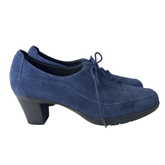 Clarks Bendables Honest Q Womens Size 9.5 Blue Suede Lace Up Oxford Booties Heel - Picture 1 of 15